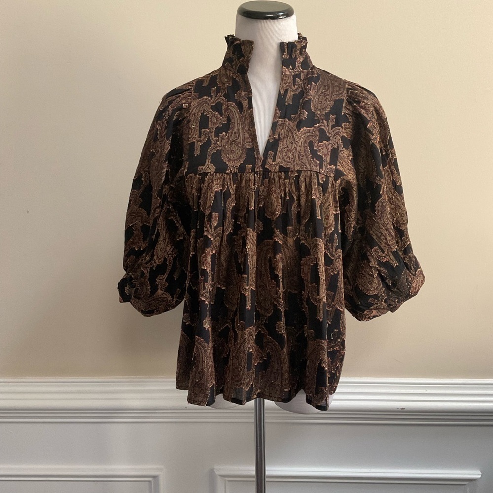 Never A Wallflower High Neck Top Black Paisley Brown Black Small Blouse Cocktail